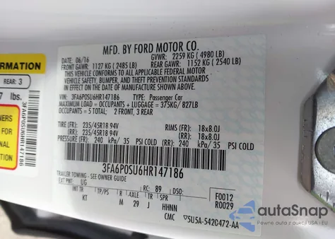 2017 Ford Fusion Energi Titanium from USA, damaged, VIN 3FA6P0SU6HR147186